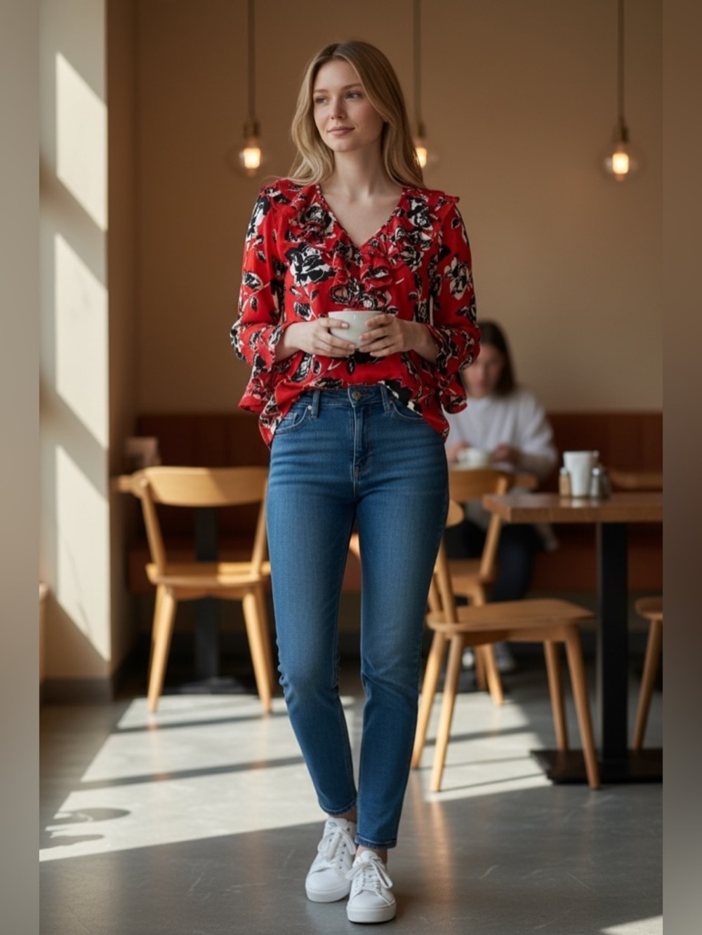 Red Floral Ruffle Blouse Tie Neck Flounce Sleeve Size M